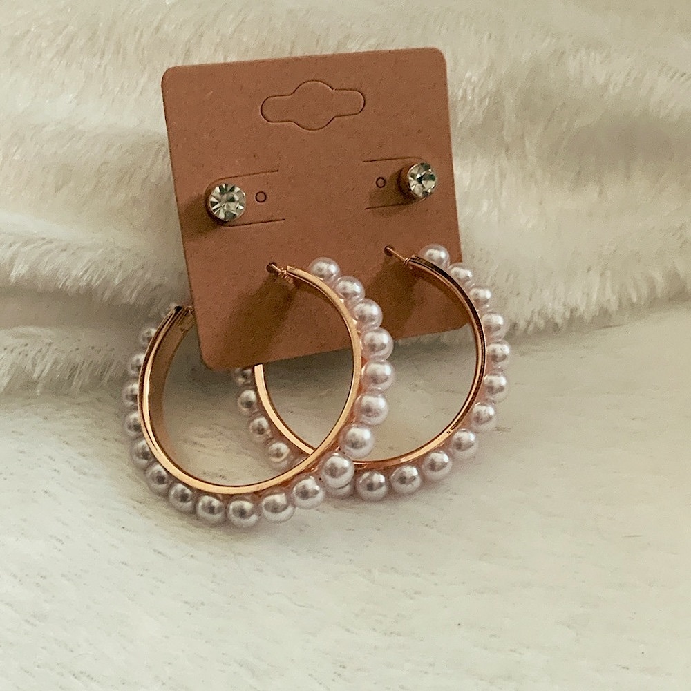 BOGO Pearl Gold Hoop Earrings & Diamond Stud CZ Earring Set Wedding Glam 14K
